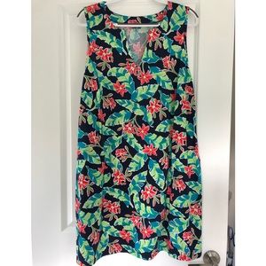 LANDS END TROPICAL PRINT COTTON JERSEY DRESS/ POCKETS